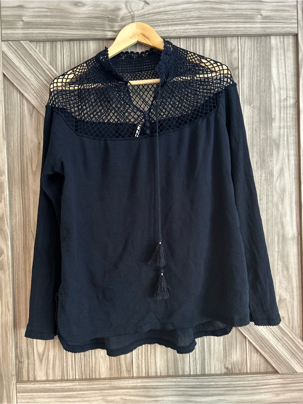 Free People Navy Blue Crochet Mesh Cotton Gauze Tassel Tunic Navy Top Large